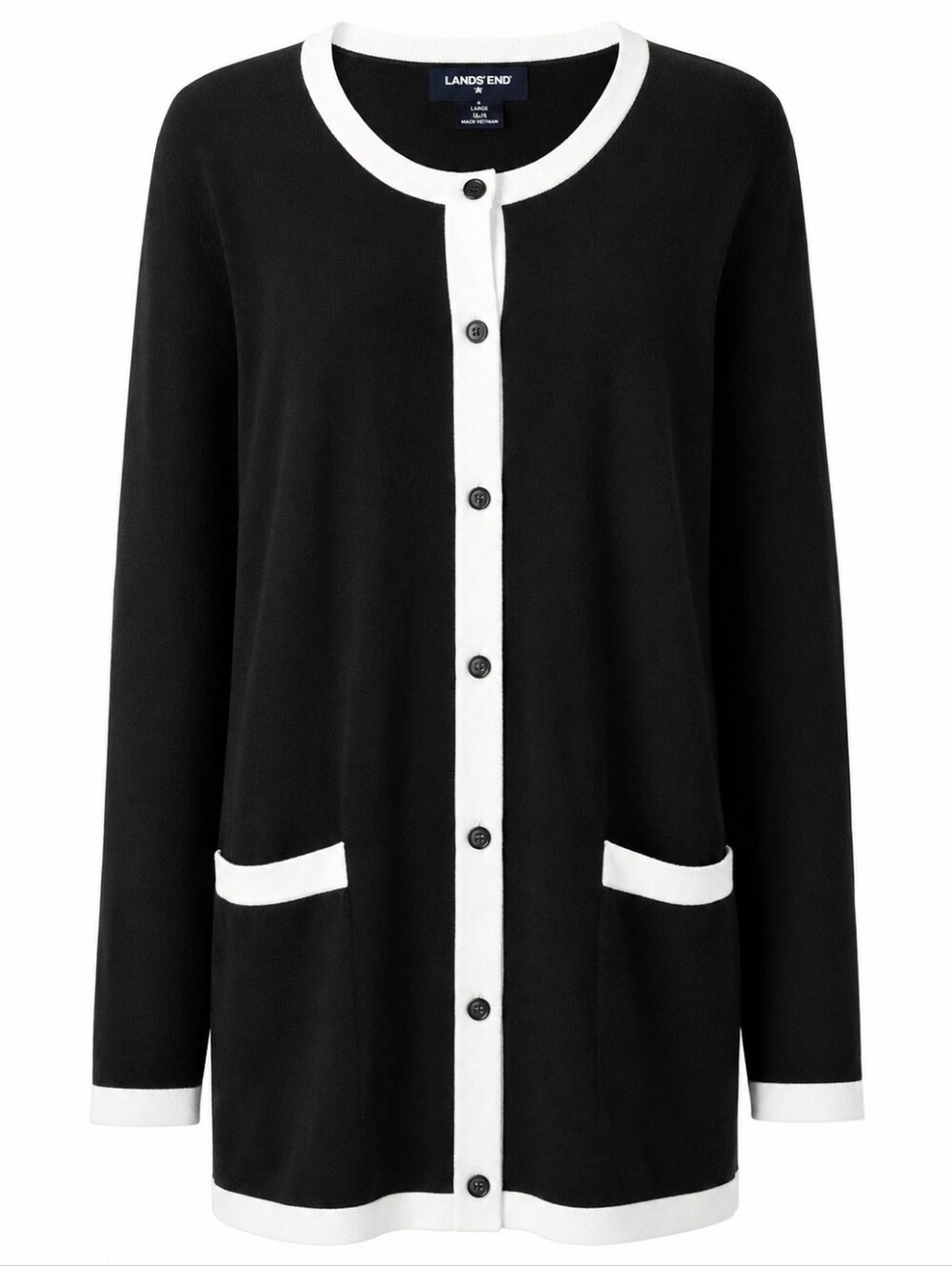 LANDS' END | Black White Contrast Trim 100% Cotton Long Cardigan Pockets | L